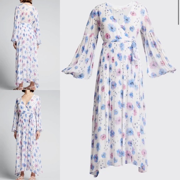 LOVESHACKFANCY Bevelyn Blouson-Sleeve Floral Pink Blue Surplice maxi Dress 8 new - Picture 1 of 10